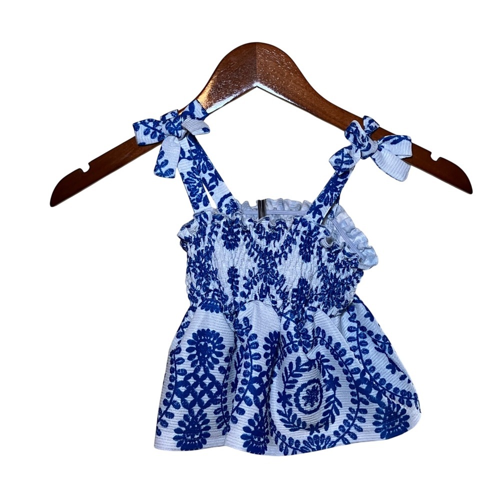 SHEIN Girls Size 4T 
Blue White Floral Smocked Peplum Tie Shoulder Top